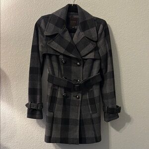 The Limited Black and Gray Trench Coat with Plaid Pattern